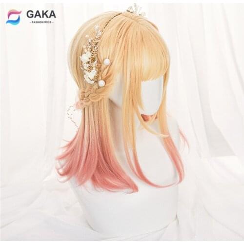 GAKA Gradient Orange Synthetic Hair with Bangs Medium Length Grayish Brown Cosplay Wig for Women