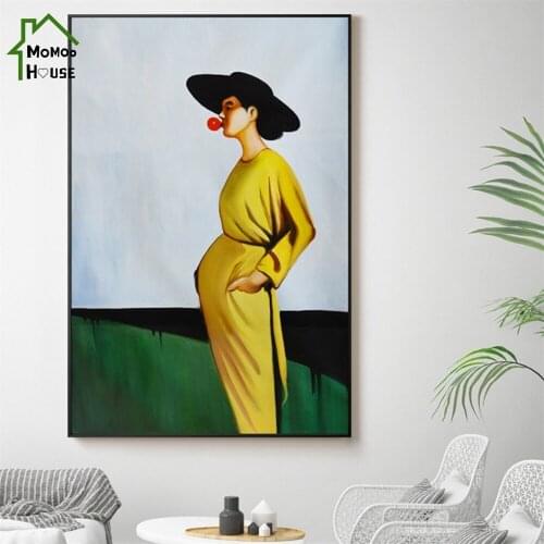 Vintage Vugue Lady Figure Canvas Painting Woman In Yellow Derss and Blowing Pink Bubbles Poster for Living Room Home Decor