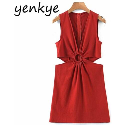 YENKYE New 2021 Women Red Sexy Hollow Out Dress Female Sleeveless V Neck Tank Summer Pencil Mini Dress Female Night Out Vestido