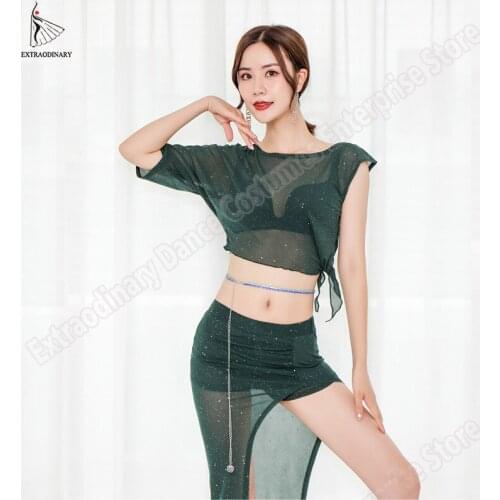 Fashion Sexy Practice Clothes Oriental Women Belly Dance Top Skirt Split Costumes Set Professional 5 Colour Top Skirts 2 Pcs