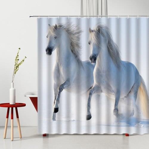 Pentium White Horse Shower Curtain Wild Animal Printed Pattern Bathroom Decor Polyester Washable Fabric Bathtub Screen With Hook