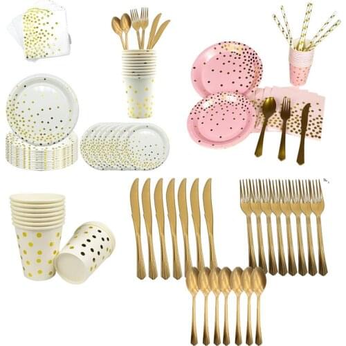 Pink White Dot Disposable Paper Tableware Plate Knife Fork Set Birthday Party Decoration Supplies Festival Carnival Wedding