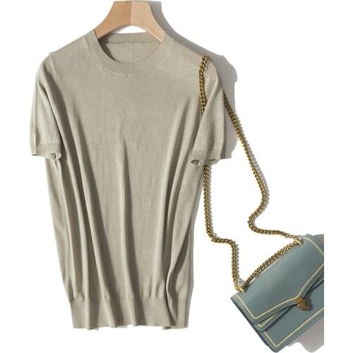 Silk Linen 2021 Summer Womens Solid Color Round Neck Ultra Thin T-Shirt Short Sleeve Pullover Cardigan