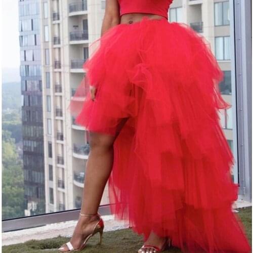 Trendy 2010 Red Tiered Ruffles High Low Bridal Tulle Skirts Puffy Fashion Women Tutu Skirts Plus Size Elastic Tutu Saias
