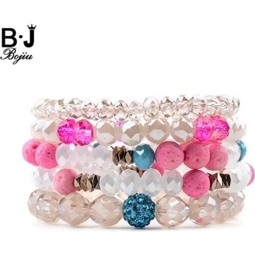 BOJIU 5 Pcs/Set Multiple Layers Women Bracelets Elastic White Tea-color Gray Red Crystal Hematite Lava Beads Bracelets BCSET253