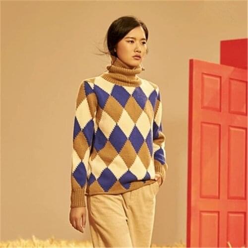 100% hand made pure wool knit women fashion contrast color turtleneck argyle loose pullover sweater customized