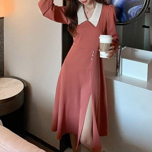 Women 2021 Autumn Chic Lapel Elegant Retro High Waist Split Long sleeve Dress Office Lady Hight Waist Solid Party Dress