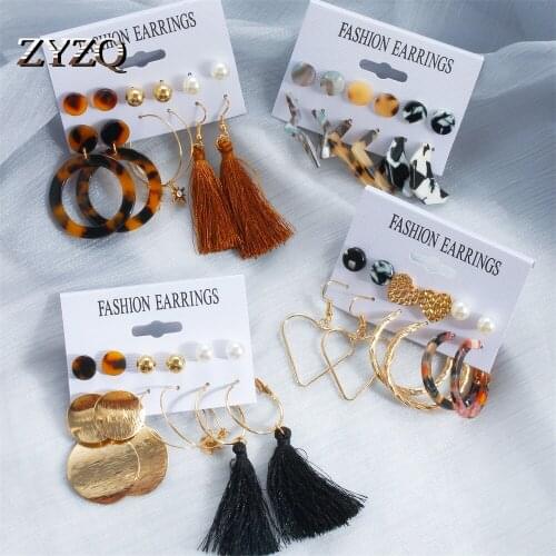 ZYZQ 6pc Set Of Tassel Earrings For Women Temperament Acrylic Leopard Earrings Geometric Acetate Plate Earrings Wholesale