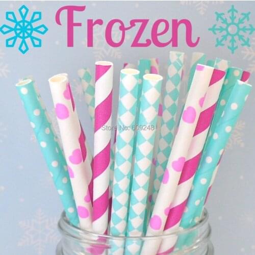 125pcs Mixed Colors Frozen Party Paper Straws,Light Blue Hot Pink Stripes,Light Blue White Dots,Aqua Harlequin,Hot Pink Heart