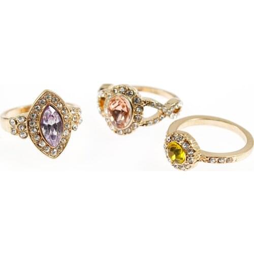 3 Pcs Gold Color Cute Female Pink Purple Crystal Stone Rings Set For Women Girl Fashion Bohemian Wedding Engagement Ring Gift