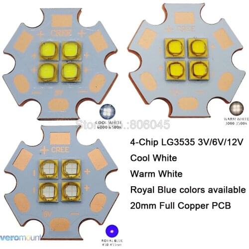 3V / 6V / 12V LG 3535 4Chips 4-18W High Power LED Emitter instead of MKR XHP50 Cool White Warm White 450nm on 20mm Copper PCB