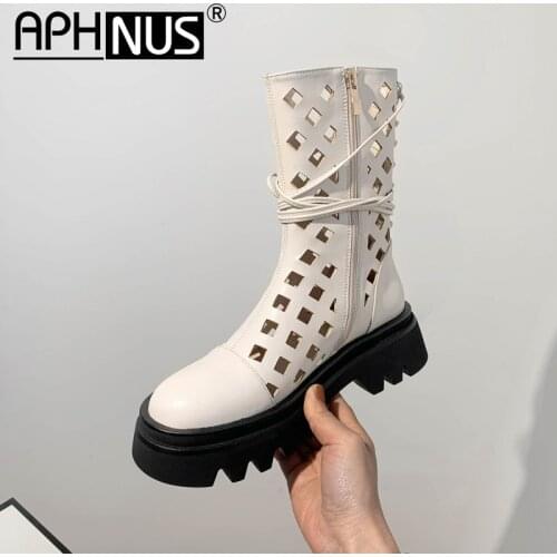 APHNUS Womens Boots Combat Motorcycle Cut Outs Flats Low Mid Heels Platforms Pumps Woman 2021 Shoes For Women New