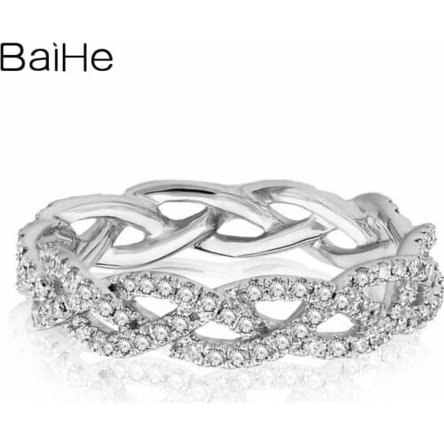 BAIHE Solid 18K White Gold 0.51ct H/SI Round Wedding Bad Natural Diamonds Women Trendy Gift Beautiful diamond wave Ring
