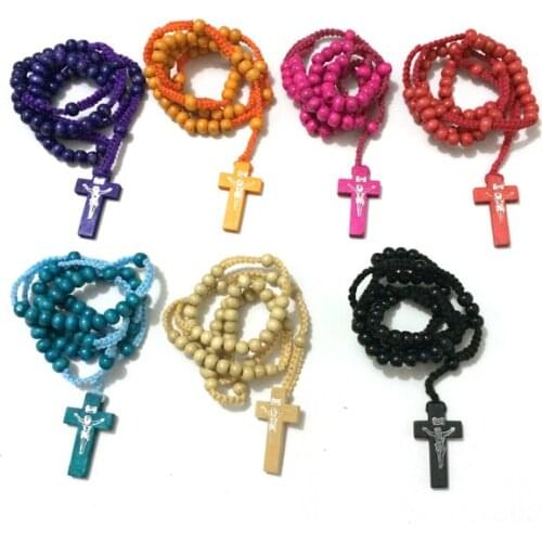 Free ship 100pcs/lot mix colors Wooden Rosary Bead Necklace Cross Pendant Ladies Mens Cross Crucifix