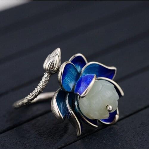 BOCAI New Real pure S925 silver jewelry burnt blue craft cloisonne natural jade woman ring