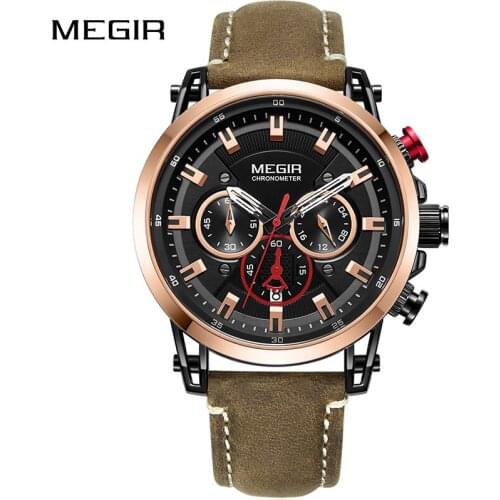 MEGIR Mens Sports Watches Top Brand Luxury Leather Quartz Wrist Watch Men Waterproof Army Military Clock Male Relogio Masculino