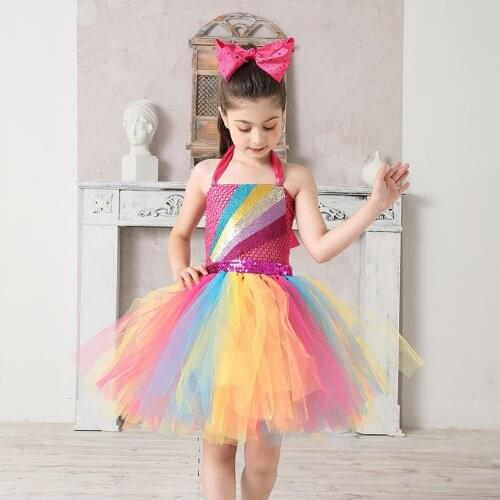 Princess Tutu Dress with Hair Bow Rainbow Girls Princess Dresses Tulle Kids Tutu Dresses for Girl Holiday Birthday Party Costume