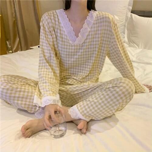 Yellow Plaid Home Suit Women V-Neck Long Sleeve Sweet Sleepwear Cotton Loose Casual Home Clothes Lace Homewear Pants Set
