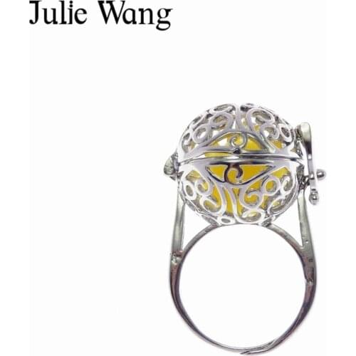 Julie Wang 1PCS 17mm Copper Hollow Patterns Essential Oil Diffuser Perfume Locket Aromatherapy Ring Fashion Women Party Jewelry