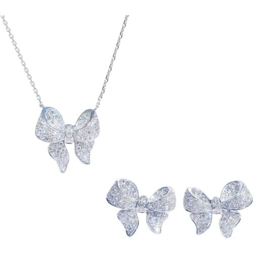 Ins Delicate Silver Needle Jewelry Set 925 Sterling Silver Micro Pave Zircon Bowknot Necklace+earrings Fashion Statement Bijoux