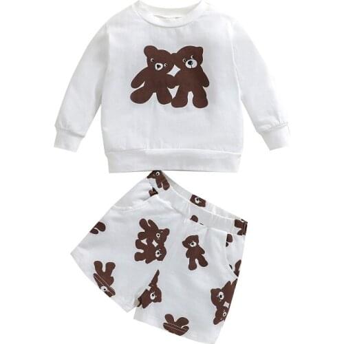New Kid Girls Autumn Clothing Sets Toddler Cartoon Bear Print Long Sleeve Pullover Tops+Shorts Outfits