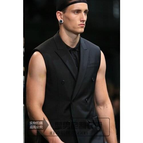 Four seasons show mid long suit sleeveless new vest short clip fashion mens slim Korean British casual
