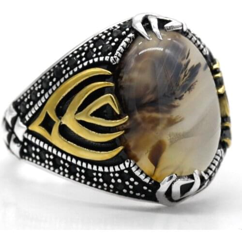 Natural Agate Men Ring 925 Sterling Silver with Big Oval Stone & Black CZ Vintage Rings for Male Peaceful Symbol Turkish Jewelry