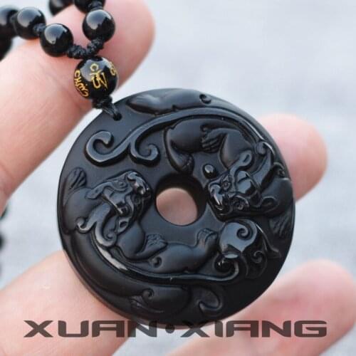 Mens Necklace Pendant Black Obsidian Double Pixiu Donuts Pendants Gift for Men Women Fine Jade Stone Jewelry Free Chain