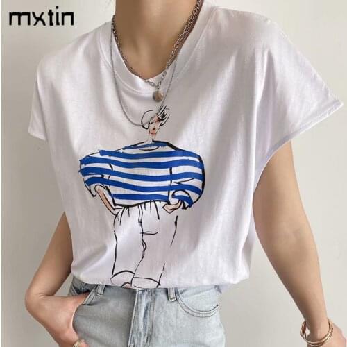 MXTIN 2021 Women Summer Vintage People Print T Shirt Fashion O-Neck Sleeveless Casual Tops Tees Female Harajuku Ladies T-Shirt