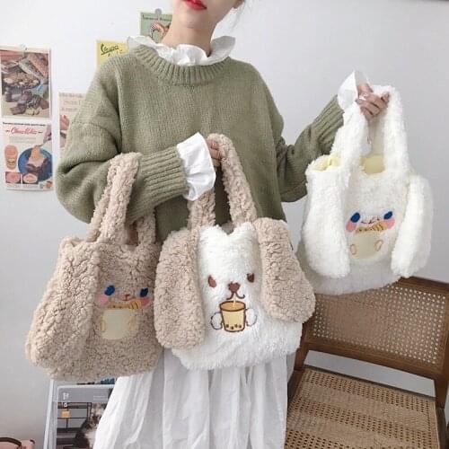 2021 Brand New Ladies Fashion Shoulder Bag Girls Cute Long Ear Cartoon Animal Embroidery Casual Plush Handbag Winter Purse