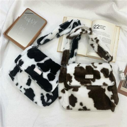 Women Bag New Shopper with Lamb Wool Cute Cow pattern Like Fabric Shoulder Bag Canvas Handbag Tote Large Capacity Bag For Girls