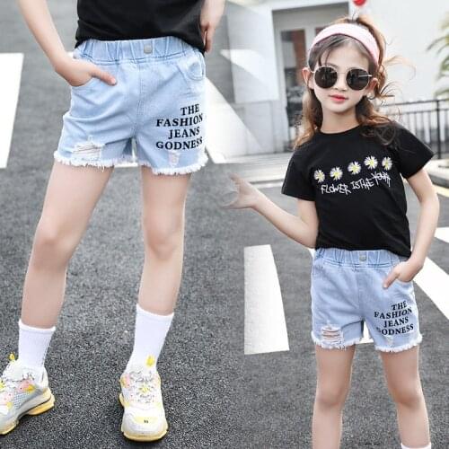 4-13 Year Old Girls Jeans Shorts 2021 Summer Girl Short Pants for Kids Ripped Jeans for Children Denim Shorts Letter Print