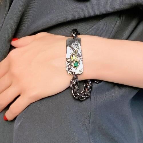 Punk big Chain link bracelet Black 2 tone Olivine Multi CZ Free size Cool Large bangle Unisex wrist