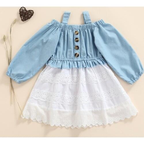 Little Girls Breathable Dress, Summer Autumn Color Matching Lace Splicing Off Shoulder Long Sleeve Button Princess Skirt