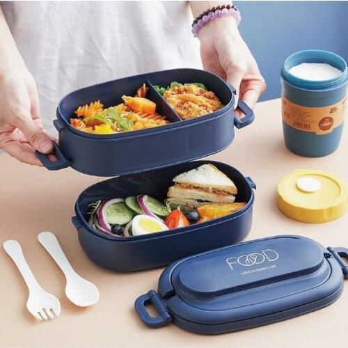 Portable Microwave Heating Student Lunch Box Office Double-Layer Lunch Box Japanese-style Separation Lunch Box With Tableware