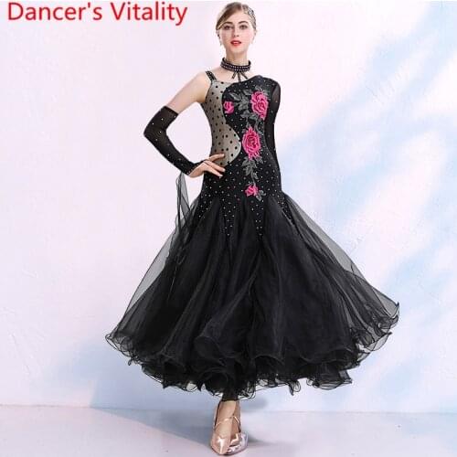 Modern Dance Practice Clothes Adult Lady Ballroom National Standard Waltz Dancing Special Sleeve Embroidered Dots Splicing Dress