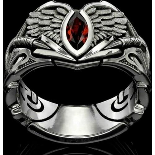 Retro Gothic Abyss Devils Eye Fallen Angel Wing Rings Punk Mens Horse Eye Red Zircon Ring Trendy Men Motorcycle Party Jewelry