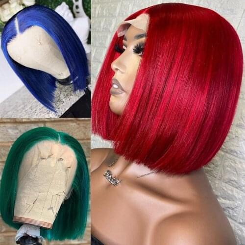 Dark Blue Human Hair Wigs Straight Short Bob Green Human Hair Lace Frant Wigs Natural Color Peruvian Human Hair Red Lace Wigs