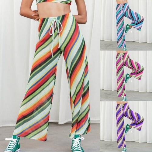 Knitted Striped Printed Pattern Wide-leg Pants Elastic High Waist Novelty Trousers Blue/ Purple/ Orange/ Rosy 2021 New Fashion