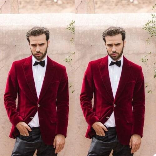 Smart Red Velvet Mens Jacket Suit Two Button Groom Best Man Coat Business Wedding Blazer Tuxedos Only One piece