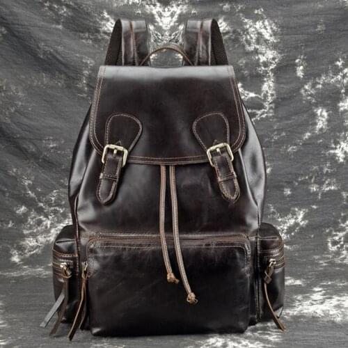 Vintage Unisex Rucksack High Quality Daypack Large Capacity Book Bag Knapsack Oil Wax Cowhide Backpack Travel Leather Bag