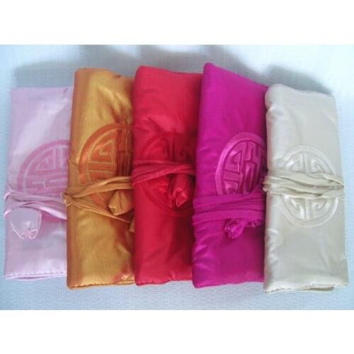 Embroidered Lucky Travel Silk Jewelry Roll Storage Bag Folding Plain Cosmetic Bag Drawstring 3 Zipper Women Makeup Bag 10pcs/lot