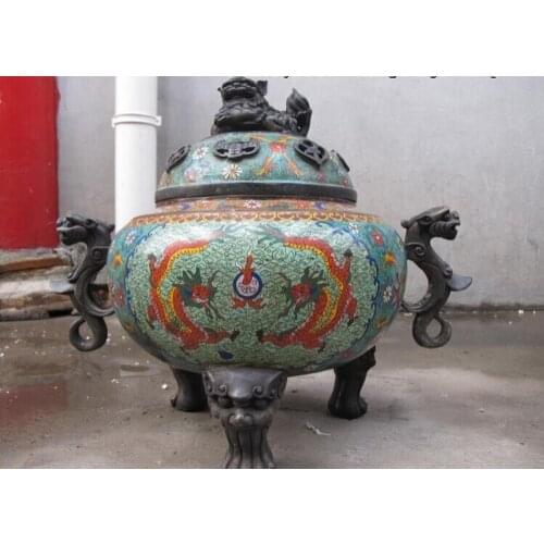 Xd 001664 China pure Bronze handwork cloisonne Dragon Foo Dogs Lion incense burner Censer