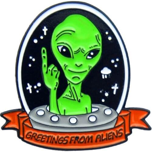 XEDZ Green Alien Metal Enameled Brooch Starship Banners From Alien Up-Finger Logo Badge Punk Clothing Fashion Pin Jewelry Gift
