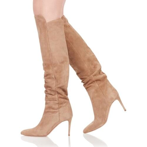 Womens Shoes Black Nude High Heel Thin Heels Knee Boots Pointed Toe Genuine Leather Sheepskin Motorcycle Boots Botas De Mujer