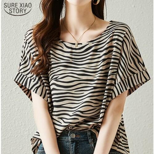 Casual Loose Silk Women Shirts 2021 Summer Short Sleeve Striped Women Blouses and Tops Plus Size Women Clothing Blusas 14617