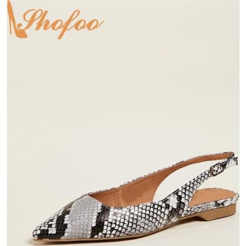 Black White Snakeskin Pointed Toe Slingbacks Flats Woman Buckle Strap Large Size 11 13 Ladies Summer Office Fashion Shoes Shofoo