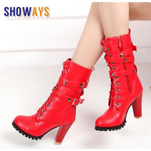Big Size Winter Women Mid-calf Boots High Chunky Heels Black Red Rivet Buckle Zipper Ladies Plush Motorcycle Platform Half Boots