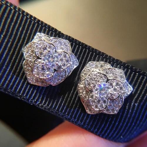 Top Quality Cute Exquisite CZ Zirconia Rose Flower Silver Earrings Studs For Women Wedding Accessories Jeweelry