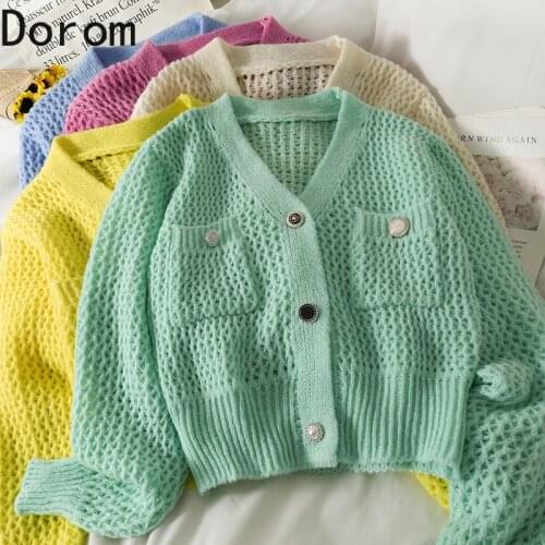 Korean Fashion Sweater Cardigan For Women Sweet Hollow Out See Through Single Breasted Cardigan All-match Loose Knitted Tops